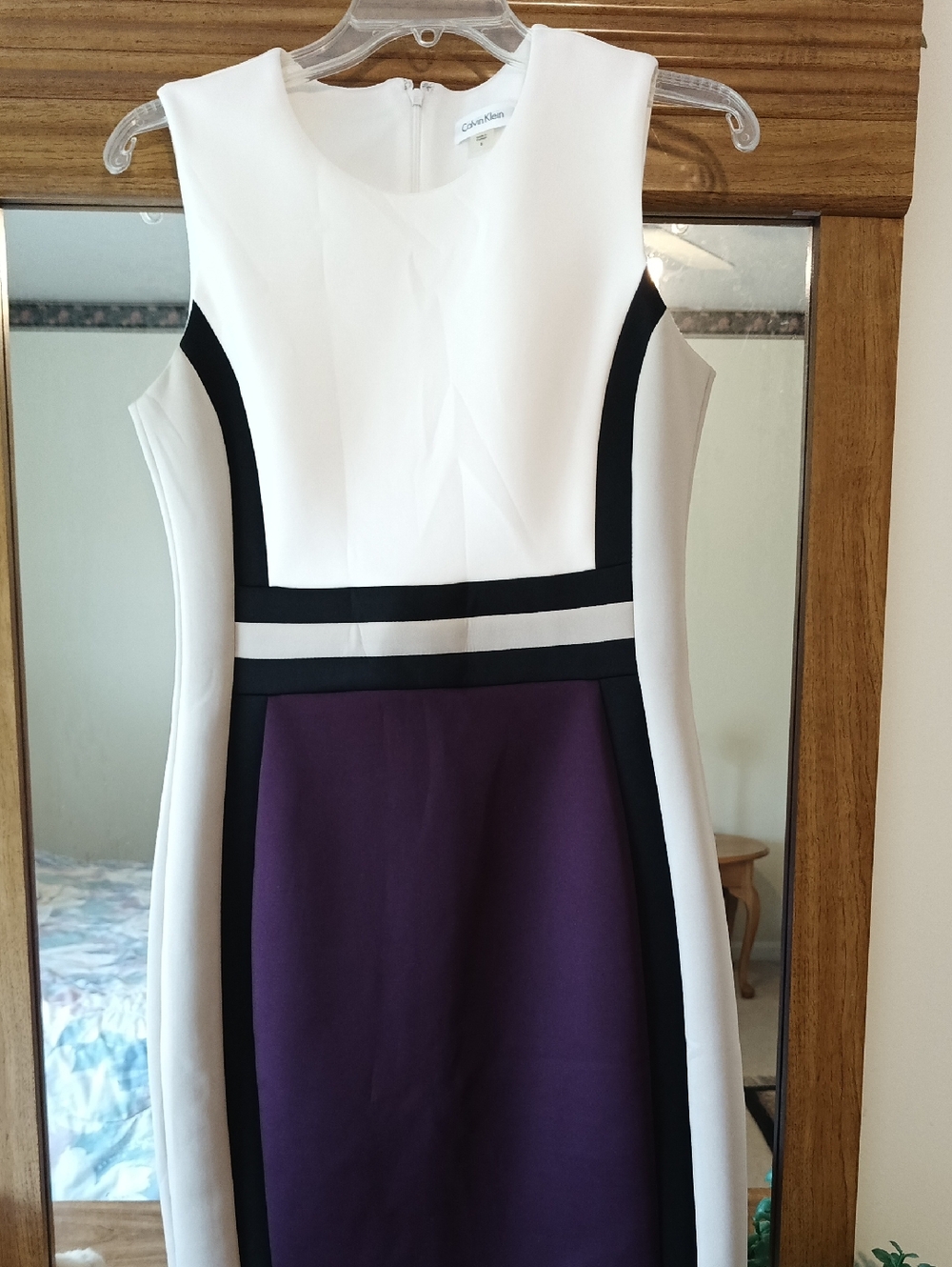 Calvin Klein White and Purple Colorblock Midi Sheath Dress